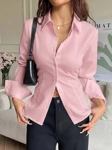 SHEIN EZwear 100%純棉粉色女款休閒百搭款前開鈕扣後收腰修身長袖襯衫，適合秋冬穿著 - 淺粉色 - 查看 2