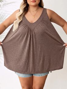 SHEIN CURVE+ 女款大尺碼綠色V領寬鬆背心 - 棕色 - 查看 5
