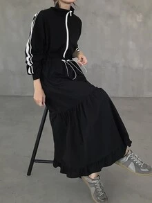 FRIFUL Women's Side Stripe Zipper Placket Drawstring Waist Casual Long Dress Fall - Black - View 1