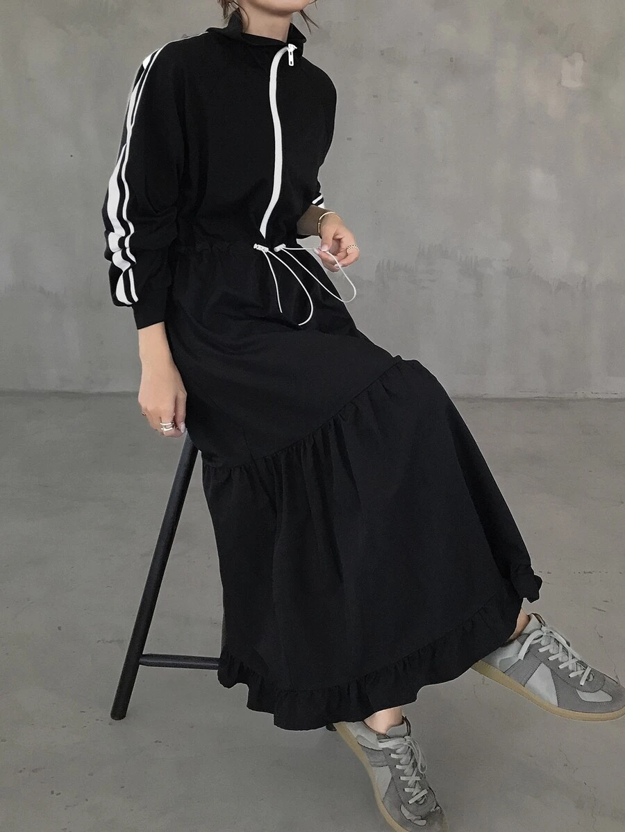 FRIFUL Women's Side Stripe Zipper Placket Drawstring Waist Casual Long Dress Fall - Black - View 1