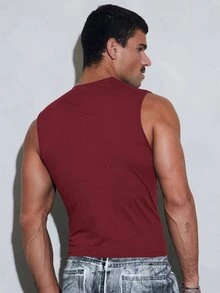 FeverCity Men's Solid Color Pleated Slim Fit Casual Versatile Tank Top - Red - View 2
