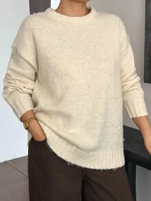 Dazy Plus Solid Color Loose Round Neck Pullover Knit Sweater, Brushed Thickened Autumn/Winter Casual Old Money Vacation Sweater - Beige - View 5