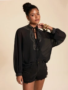 Travachic Women's Elegant Heavy Embellished Daily Commute Versatile Rhinestone Chiffon Semi-Sheer Long Sleeve Loose Blouse - Black - View 8