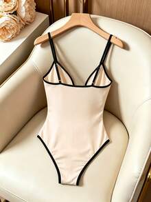 Franclia Knitted High Elasticity Spaghetti Strap Slim Fit Elegant Commute Women Plus Size Jumpsuit - Apricot - View 2