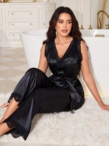 LuxeNights Black Sleeveless Tank Top With Lace Trim Neckline And Cuffs, Faux Silk Women's Pajama Set - Black - View 7