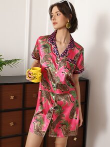 Chillnights Gaun Tidur Wanita Satin Motif Leopard Kasual Muda dengan Blok Warna dan Kancing di Kerah - MultiWarna - View 5