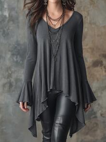 Glimmora New Plus Size Women's Fashion Casual Versatile Mid-Length Flare Ruffle Sleeve Long Sleeve T-Shirt - Grey - View 1
