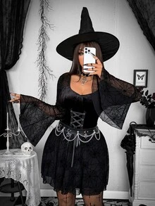 Whyspr Plus Size Dark Gothic Vintage Velvet Black Mesh Patchwork Bell Sleeve Cinched Cinched Waist Dress Fall - Black - View 7