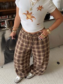 Muchica Plus Size Women's Plaid Casual Versatile Daily Travel Long Pants - Multicolor - View 4