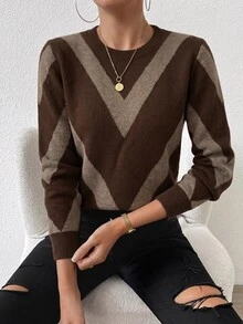 SHEIN PariChic 秋冬新款菱格條紋套頭毛衣 - 彩色 - 查看 3