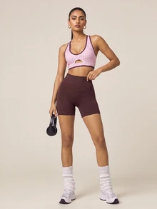SHEIN BAE Women Pink Plaid Padded Cross Back Sports Bra Checkered Print Contrast Trim Gym Workout Training Running Yoga Athletic Sportswear Top - Baby Pink - View 7