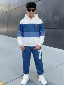 兒童 2 件組大童男孩休閒全幅拼色印花秋季街頭風連帽衛衣與運動長褲 - 彩色 - 查看 5