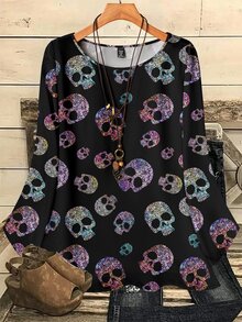 SHEIN VCAY 大尺碼女款秋冬休閒全印花圓領寬鬆七分袖上衣 - 彩色 - 查看 1