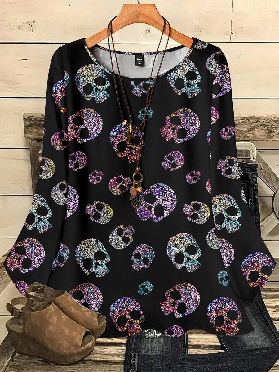 SHEIN VCAY 大尺碼女款秋冬休閒全印花圓領寬鬆七分袖上衣 - 彩色 - 查看 1