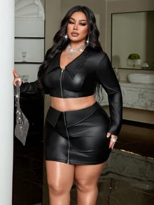NU&NOW V-Neck Zipper Front Shirt, Shirt Collar Design Skirt, Sexy Outfit, Blazer Two Pieces Set - Black - View 6