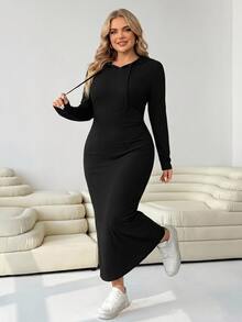 SHEIN CURVE+ 黑色休閒大尺碼女款長袖側開衩下擺連帽洋裝 秋季 - 黑色 - 查看 5
