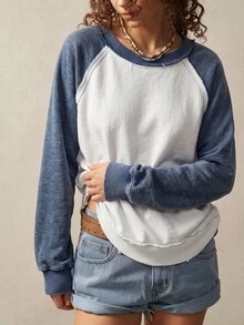 Bohemela Áo nỉ dài tay phối màu tối giản cho nữ, phù hợp đi chơi cuối tuần - Xanh và trắng - Xem 8