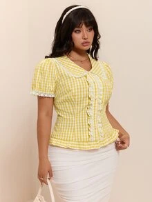 CovetEZ Plus Size Summer Elegant Lace Trim Plaid Blouse - Yellow - View 5