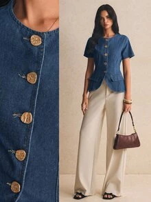 Poéselle Women's Round Neck Metal Single-Breasted Short Sleeve Denim Top - Medium Wash - View 1