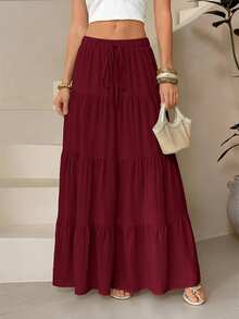 SHEIN Tall Rok Liburan Kasual Warna Polos untuk Wanita - Burgundy - View 1
