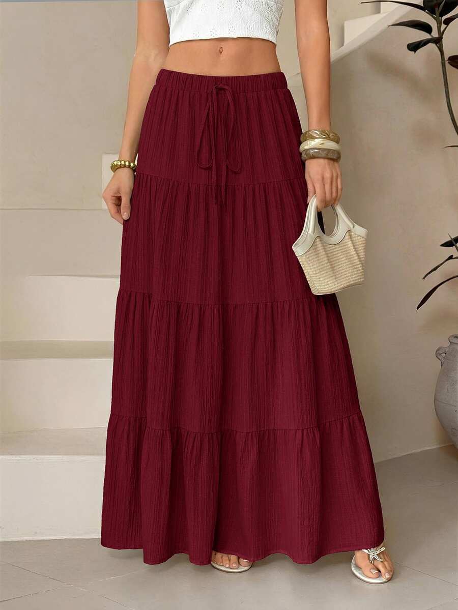 SHEIN Tall Rok Liburan Kasual Warna Polos untuk Wanita - Burgundy - View 1
