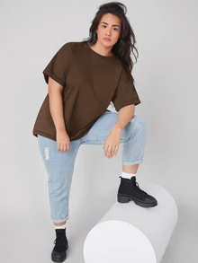 SHEIN BASICS 大尺碼捲袖口純色夏季上衣 - 咖啡棕 - 查看 3