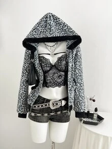 Elamini 秋冬女款休閒拼色粉色法蘭絨保暖內裡豹紋收腰拉鍊修身柔軟返校居家長袖運動衫上衣 - 彩色 - 查看 7