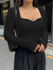 Dazy Plus Plus Size Women Sweetheart Neckline Solid Color Elegant Fitted Versatile Korean Style T-Shirt - Black - View 1