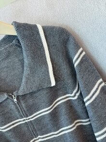 EMERY ROSE Plus Size Women's Casual Traditional Loose Colorblock Gray Lapel Zip Half-Placket Raglan Long Sleeve Pullover Sweater Teacher Birthday Autumn Winter - Grey - View 4