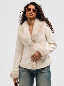 Aloruh Women's Autumn/Winter Fashion Fuzzy Patchwork Regular Coat - Beige - View 3