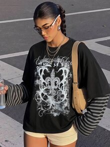 SHEIN Teen Girls Street Style Gothic Cotton Printed Loose Long Sleeve Fall Tops, Halloween Outfit - Black - View 3