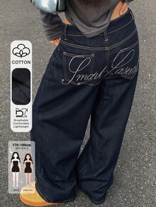 Dazy Tall Women's Letter Rhinestone Loose Straight Leg Street Casual Denim Jeans Fall - Dark Wash - View 1