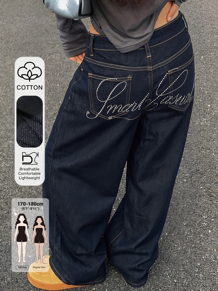 Dazy Tall Women's Letter Rhinestone Loose Straight Leg Street Casual Denim Jeans Fall - Dark Wash - View 1