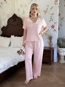 CottageSlumber Plus Size Knit Jacquard Romantic Jacquard Short Sleeve Long Pants Pajama Set - Baby Pink - View 4