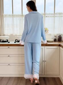 Snug Reverie Women's Romantic Fresh Lace Patchwork Lapel Front-Open Pajama Set - Blue - View 2