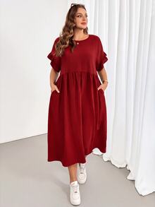 Shapeblank Plus Size Women's Solid Color Pleated Casual Daily Summer Dress - Red - View 3