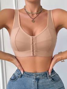 SHEIN 1pc Women's Solid Color Casual Comfortable Front Closure Bra - Dusty Pink - View 3