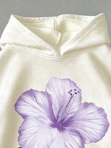 SHEIN 灰色/休閒/交叉/百搭/長袖套頭衫/青少年女孩休閒極簡個性藍色花卉圖案灰色連帽舒適長袖衛衣黑色緊身褲2件套，適合秋冬 - 彩色 - 查看 3