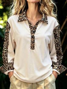 SHEIN LUNE Women's American Vintage Casual Leopard Print Patchwork Collared Long Sleeve Top, Half-Button Loose Contrast Color Casual Polo Shirt - Beige - View 4