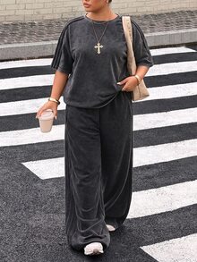 Muchica 大尺碼女款側條紋落肩袖T恤與長褲休閒套裝 - 黑色 - 查看 4