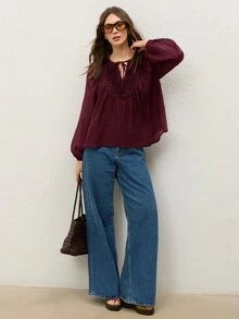 COSMINA Women's Pleated Balloon Sleeve Chiffon Blouse Brunch Everyday Burgundy Autumn Elegant Boho - Burgundy - View 3
