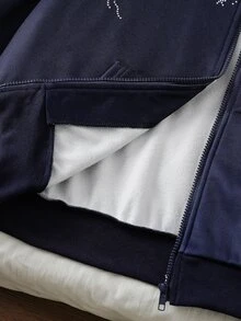 SHEIN 1件青少年女孩休閒極簡字母印花口袋拉鍊連帽長袖運動夾克，街頭風，秋冬必備 - 藍色 - 查看 4