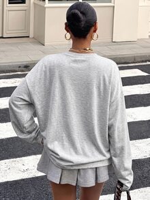 Muchica 休閒極簡花卉灰色女款落肩長袖T恤 - 淺灰色 - 查看 2