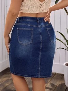 EMERY ROSE Rok Mini Denim Kasual Serbaguna untuk Wanita Ukuran Plus dengan Kantong - Biru - View 4