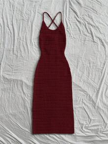 SHEIN Unity 女款純色休閒日常針織細肩帶洋裝 - 紅色 - 查看 3