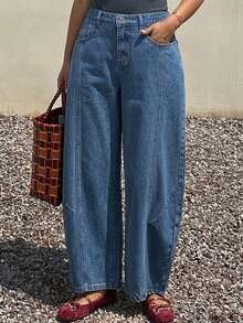 Dazy Plus Solid Color Loose Curved Leg Casual Streetwear Summer Denim Cropped Jeans Fall - Medium Wash - View 4