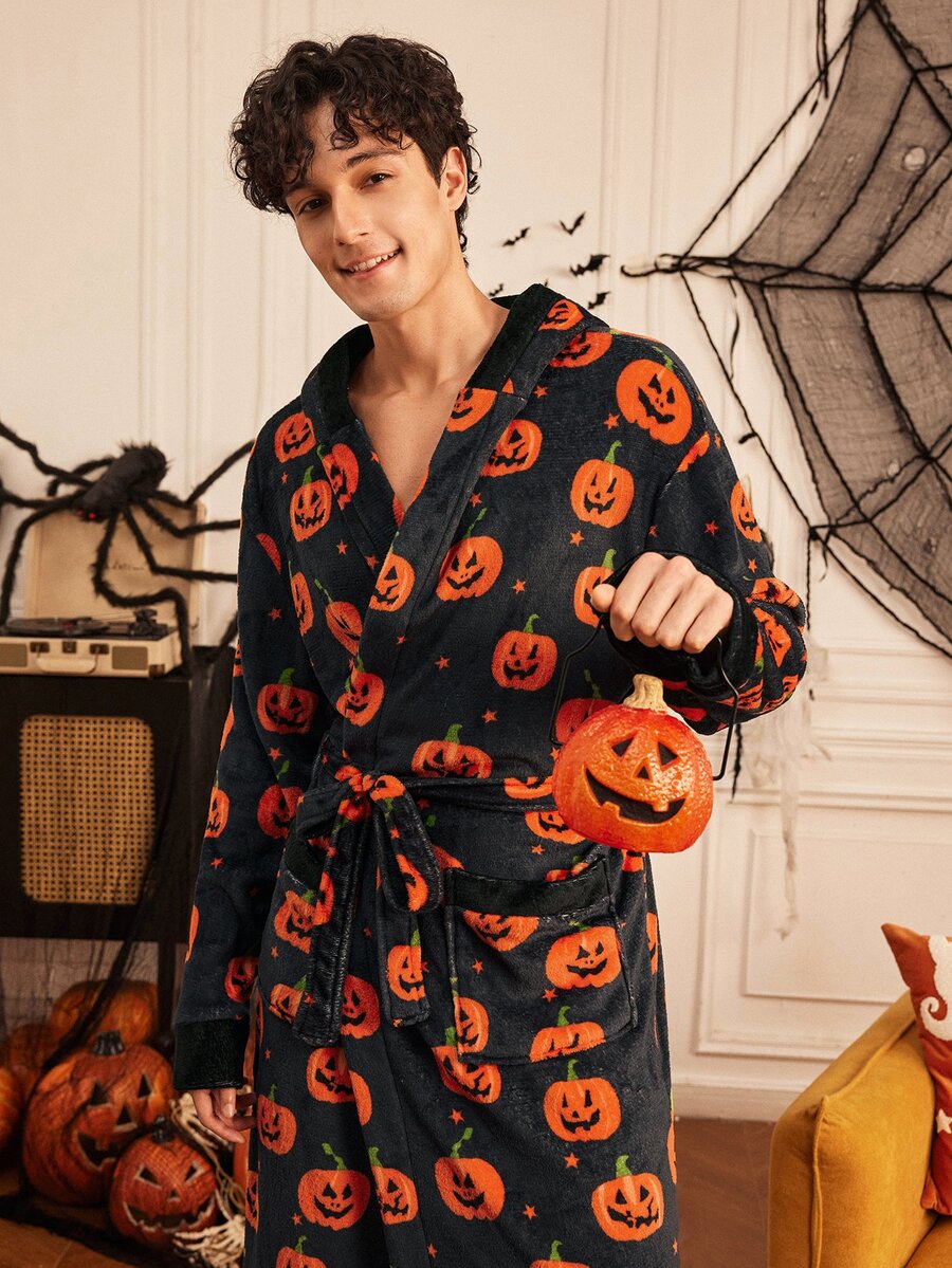 Provexi Provexi Autumn/Winter New Men's Halloween Pumpkin Head Print Flannel Hooded Robe, Loose Tie Waist With Pockets, Long Length Home Bathrobe - Multicolor - View 1