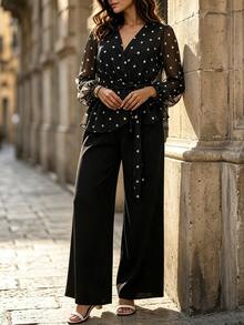 GlowEve CURVE Plus Size Women's Polka Dot Lantern Sleeve Top And Wide Leg Pants Casual 2 Pieces Set - Black - View 1