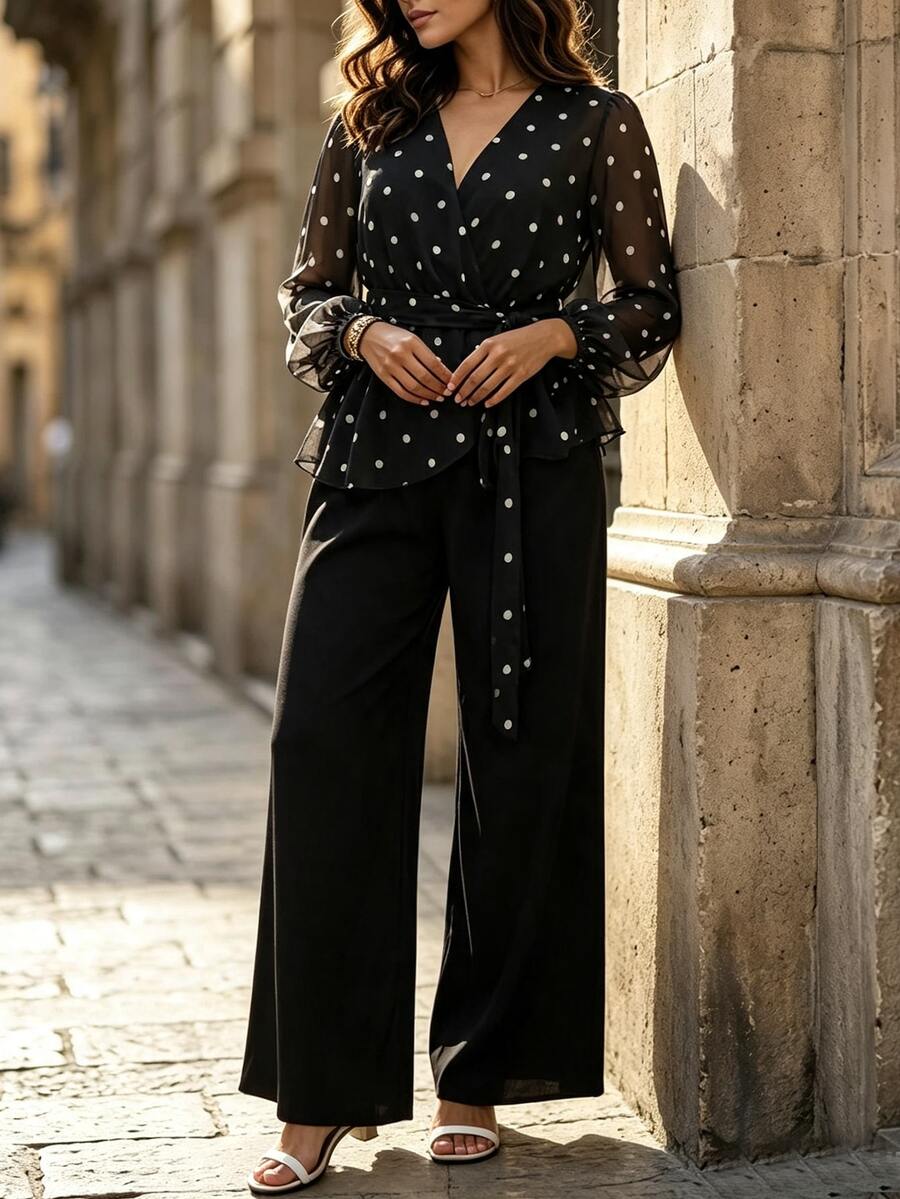 GlowEve CURVE Plus Size Women's Polka Dot Lantern Sleeve Top And Wide Leg Pants Casual 2 Pieces Set - Black - View 1