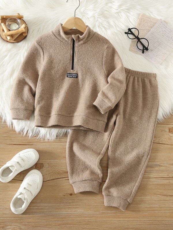 Young Boy Apricot Cute Casual Fleece Stand Collar Sweatshirt & Elastic Waist Long Pants Set